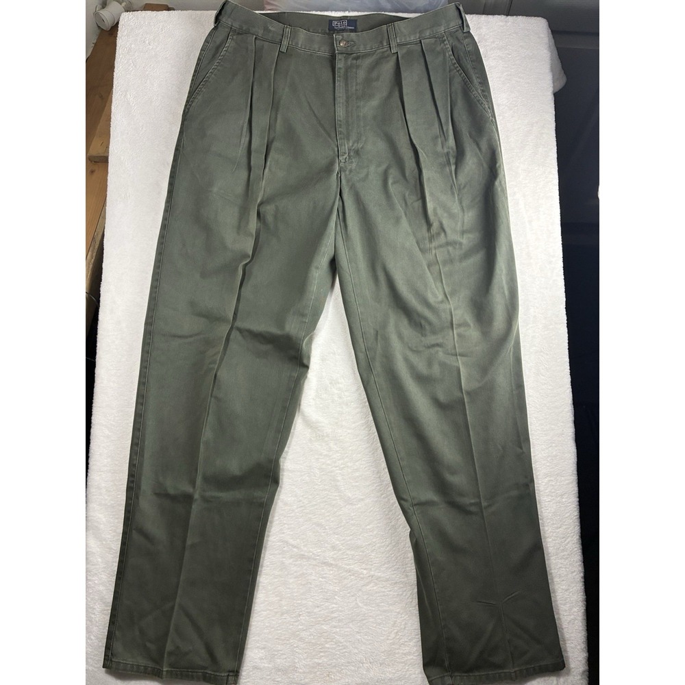 Vintage Polo Ralph Lauren Pleated Cotton Green Chinos Trousers Made In USA 38x32